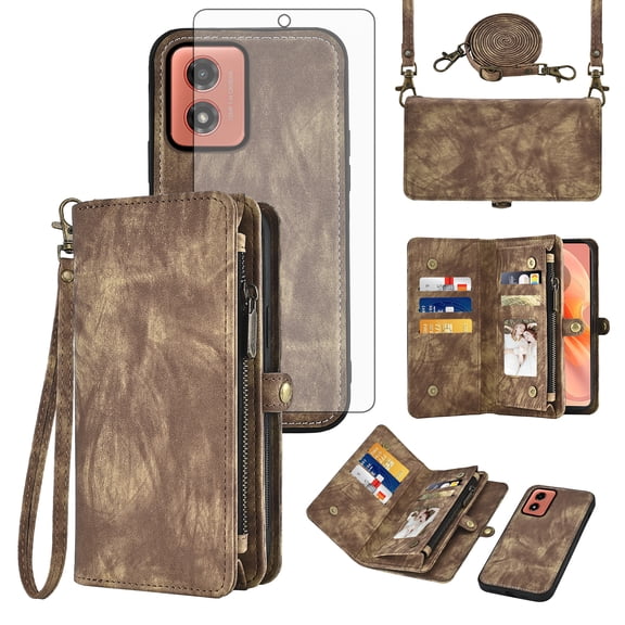 Asuwish Phone Case for Motorola Moto G04/G04s/G24/E14 4G Zipper Wallet Detachable Cell Cover with Tempered Glass Screen Protector Crossbody Strap Flip Card Holder GO4 G 04 04s 24 E 14 Women Men Brown