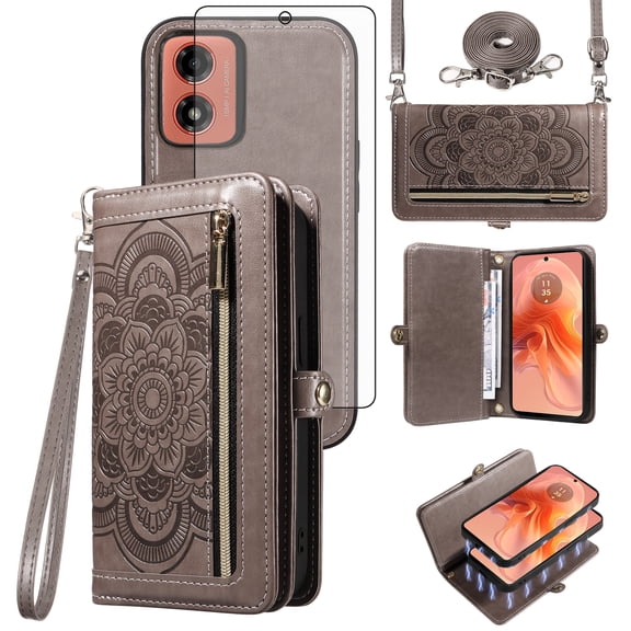 Asuwish Phone Case for Motorola Moto G04/G04s/G24/E14 4G Zipper Wallet Detachable Cell Cover with Tempered Glass Screen Protector Lanyard Strap Flower Flip Card Holder GO4 G 04 04s 24 E 14 Women Gray
