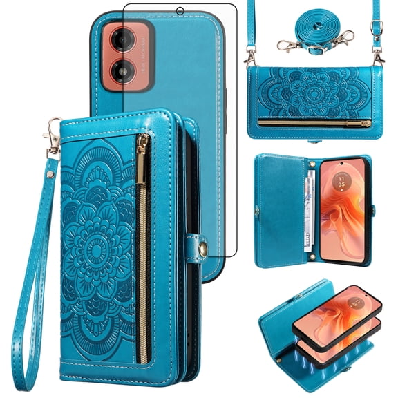 Asuwish Phone Case for Motorola Moto G04/G04s/G24/E14 4G Zipper Wallet Detachable Cell Cover with Tempered Glass Screen Protector Lanyard Strap Flower Flip Card Holder GO4 G 04 04s 24 E 14 Women Blue