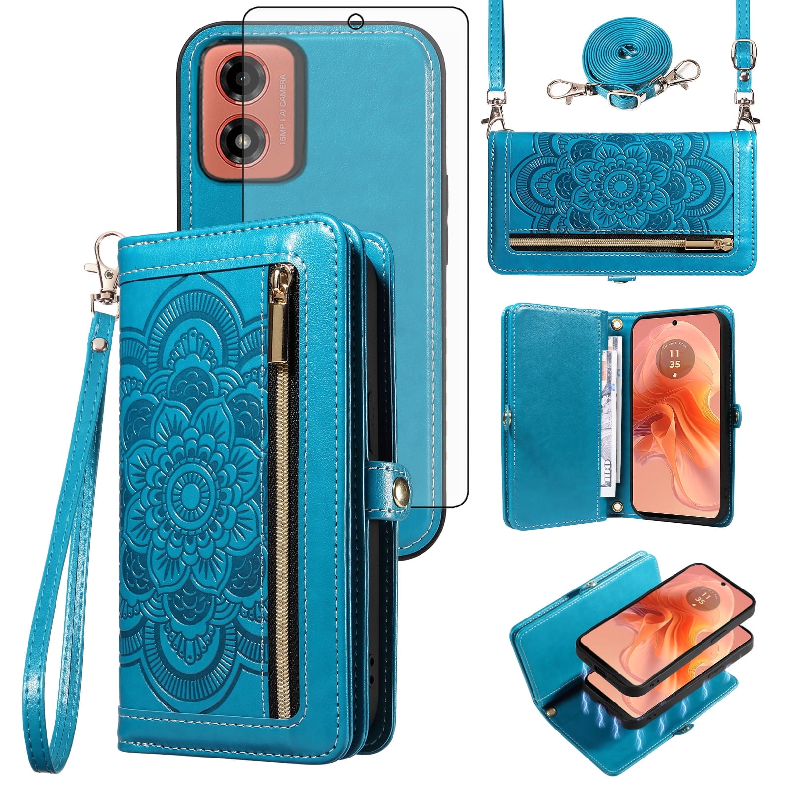 Asuwish Detachable Magnetic Zipper Wallet Phone Case with Flower Pattern and Screen Protector for Motorola Moto G04/G04S/G24/E14, Blue