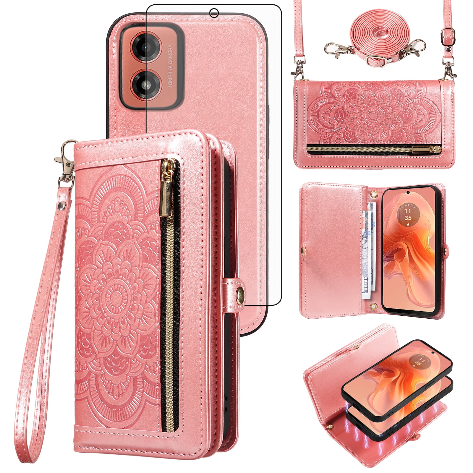Asuwish Phone Case for Motorola Moto G04/G04s/G24/E14 4G Zipper Wallet Detachable Cell Cover with Tempered Glass Screen Protector Strap Flower Flip Card Holder GO4 G 04 04s 24 E 14 Women Rose Gold