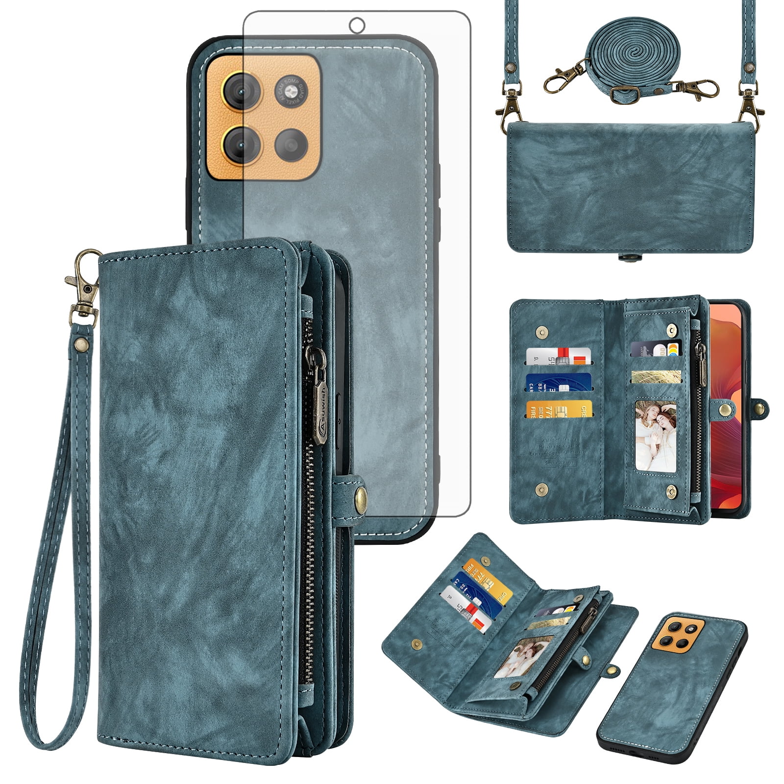 Asuwish Phone Case for Motorola Moto G15 4G Lte Zipper Wallet Detachable Cell Cover with Tempered Glass Screen Protector Crossbody Lanyard Strap Flip Card Holder Slot MotoG15 G 15 XT2521-2 Women Blue