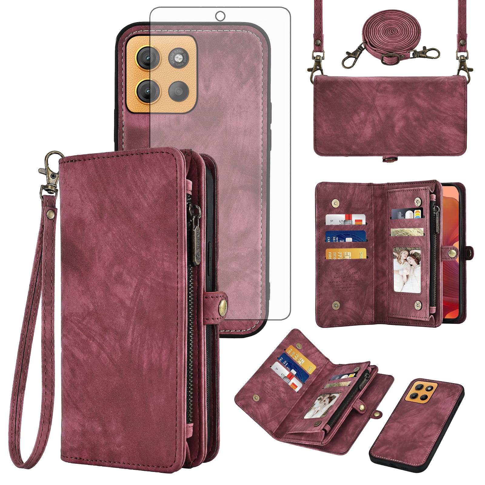 Asuwish Phone Case for Motorola Moto G15 4G Lte Zipper Wallet Detachable Cell Cover with Tempered Glass Screen Protector Crossbody Lanyard Strap Flip Card Holder MotoG15 G 15 XT2521-2 Women Girls Red