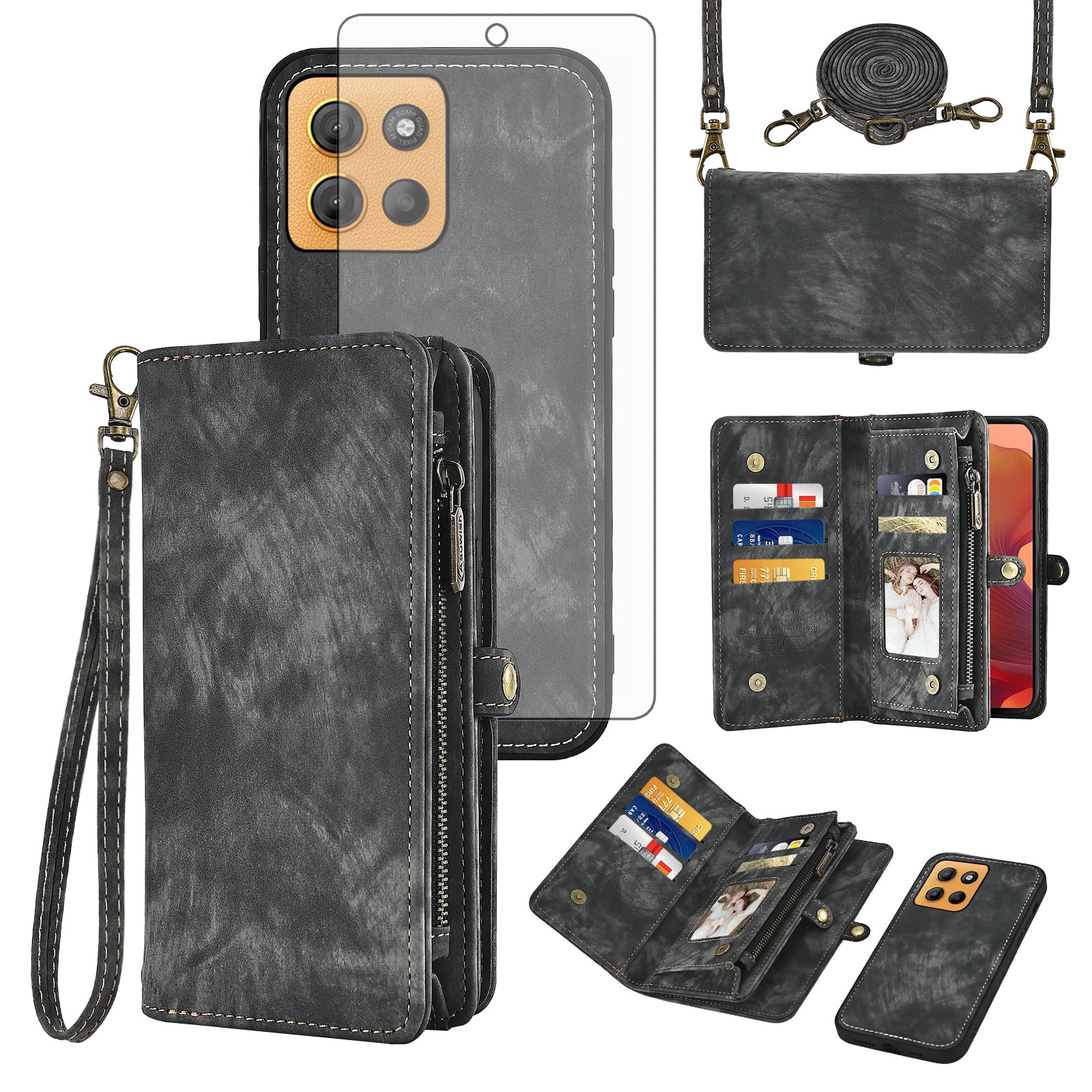 Asuwish Phone Case for Motorola Moto G15 4G Lte Zipper Wallet Detachable Cell Cover with Tempered Glass Screen Protector Crossbody Lanyard Strap Flip Card Holder MotoG15 G 15 XT2521-2 Women Men Black