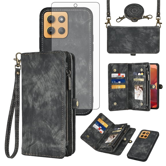 Asuwish Phone Case for Motorola Moto G15 4G Lte Zipper Wallet Detachable Cell Cover with Tempered Glass Screen Protector Crossbody Lanyard Strap Flip Card Holder MotoG15 G 15 XT2521-2 Women Men Black