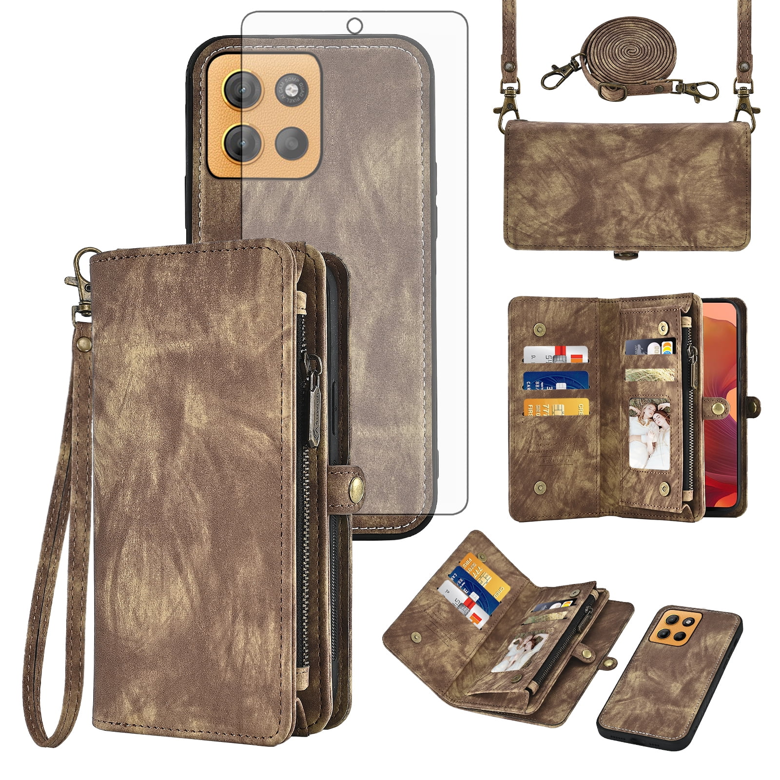 Asuwish Phone Case for Motorola Moto G15 4G Lte Zipper Wallet Detachable Cell Cover with Tempered Glass Screen Protector Crossbody Lanyard Strap Flip Card Holder MotoG15 G 15 XT2521-2 Women Men Brown