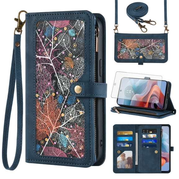 Asuwish Phone Case for Motorola Moto G34 5G Wallet Cover With Tempered Glass Screen Protector Crossbody Wrist Strap Flip Pattern Zipper Credit Card Holder Stand Slot Cell MotoG34 G 34 Women Men Blue