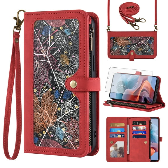 Asuwish Phone Case for Motorola Moto G34 5G Wallet Cover With Tempered Glass Screen Protector Crossbody Wrist Strap Flip Pattern Zipper Credit Card Holder Stand Slot Cell MotoG34 G 34 Women Men Red