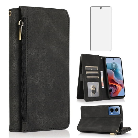 Asuwish Phone Case for Motorola Moto G34 5G Wallet Mobile Accessories Credit Cash Purse Cell Cover with Tempered Glass Screen Protector Flip Zipper Stand Card Holder Slot MotoG34 G 34 Women Men Black