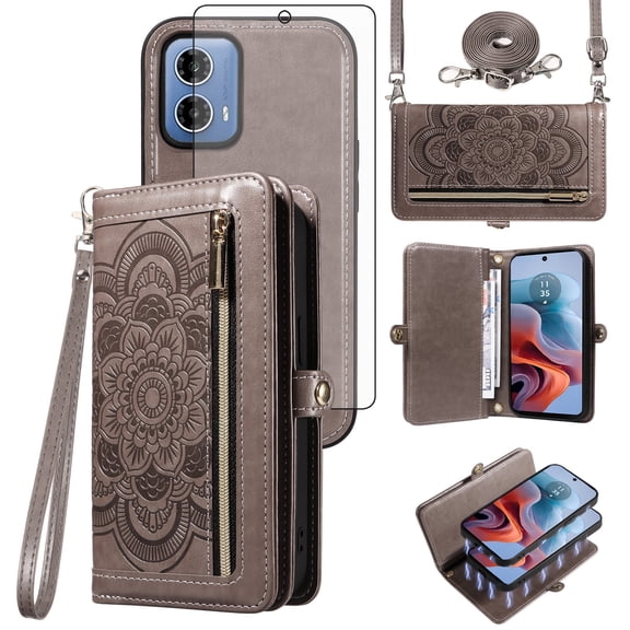 Asuwish Detachable Magnetic Zipper Wallet Phone Case with Flower Pattern and Screen Protector for Motorola Moto G34, Gray