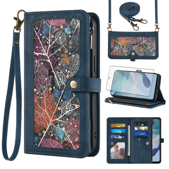 Asuwish Phone Case for Motorola Moto G53 5G Wallet Cover With Tempered Glass Screen Protector Crossbody Wrist Strap Flip Pattern Zipper Credit Card Holder Stand Slot Cell G 53 53G Women Men Blue