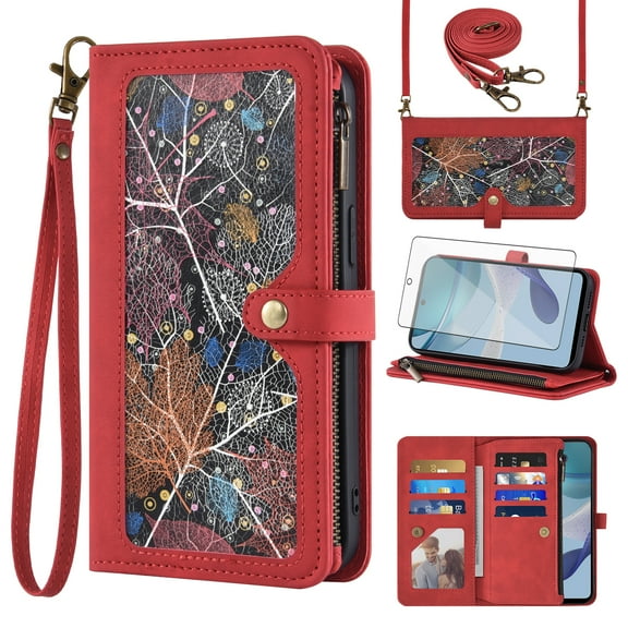 Asuwish Phone Case for Motorola Moto G53 5G Wallet Cover With Tempered Glass Screen Protector Crossbody Wrist Strap Flip Pattern Zipper Credit Card Holder Stand Slot Folio Cell G 53 53G Women Men Red