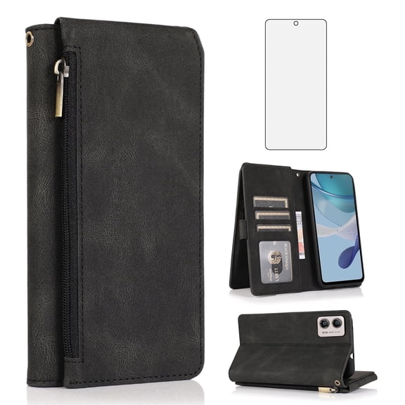 Asuwish Wallet Kickstand Hard Shell Cell Phone Case with Tempered Glass Screen Protector for Motorola Moto G53, Black