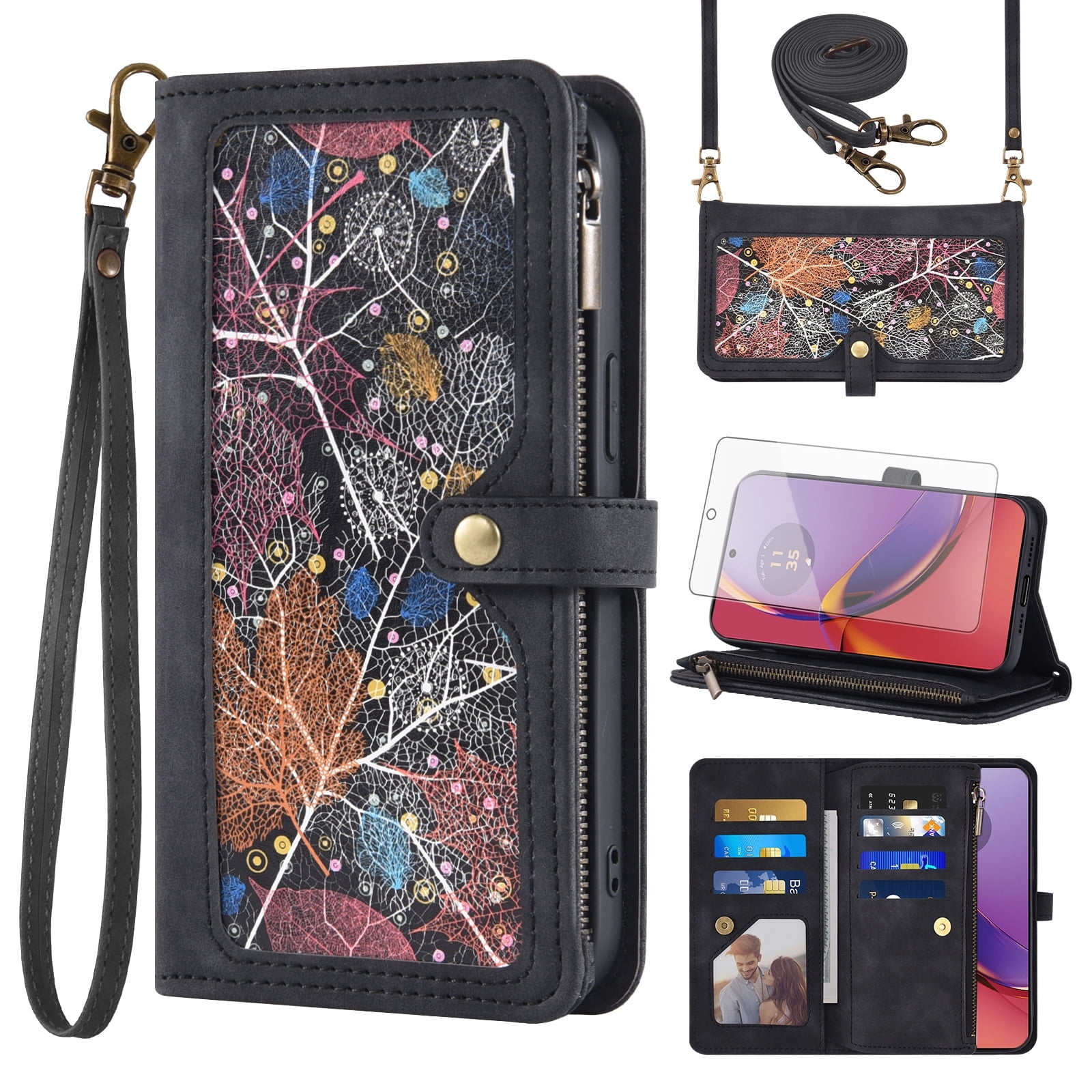 Asuwish Phone Case for Motorola Moto G84 5G Wallet Cover With Tempered Glass Screen Protector Crossbody Wrist Strap Flip Pattern Zipper Credit Card Holder Stand Slot Cell G 84 2023 Women Men Black
