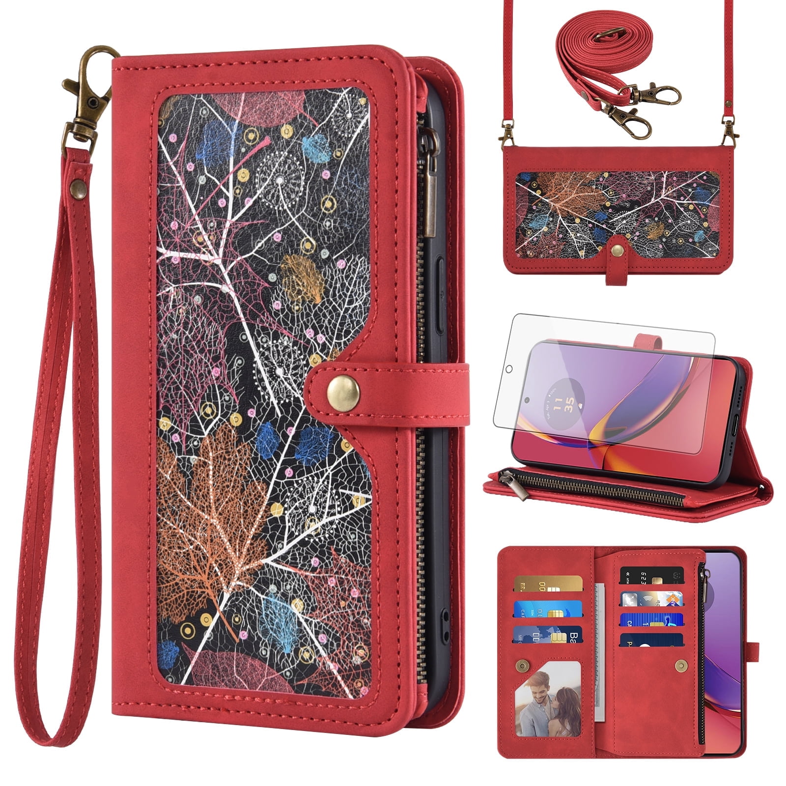 Asuwish Phone Case for Motorola Moto G84 5G Wallet Cover With Tempered Glass Screen Protector Crossbody Wrist Strap Flip Pattern Zipper Credit Card Holder Stand Slot Cell G 84 2023 Women Men Red