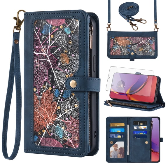 Asuwish Phone Case for Motorola Moto G84 5G Wallet Cover With Tempered Glass Screen Protector Crossbody Wrist Strap Flip Pattern Zipper Credit Card Holder Stand Slot Cell G 84 2023 Women Men Blue