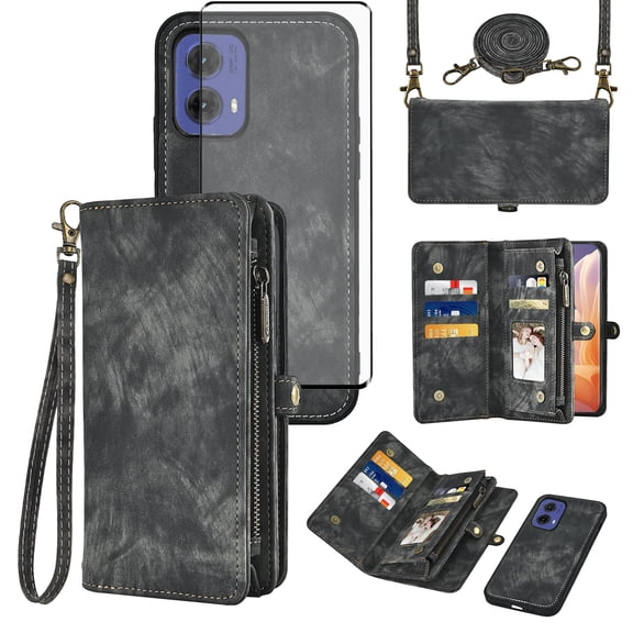 Asuwish Phone Case for Motorola Moto G85 5G Zipper Wallet Detachable Cell Cover with Tempered Glass Screen Protector Crossbody Lanyard Strap Flip Card Holder Slot MotoG85 G 85 Women Men Girls Black