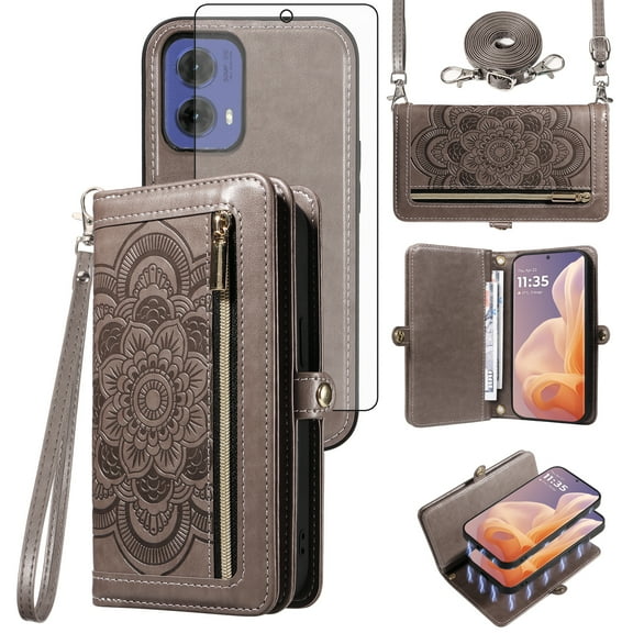 Asuwish Phone Case for Motorola Moto G85 5G Zipper Wallet Detachable Cell Cover with Tempered Glass Screen Protector Crossbody Lanyard Strap Flower Flip Card Holder Slot MotoG85 G 85 Women Girls Gray