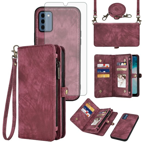 Asuwish Phone Case for Nokia C300 Zipper Wallet Detachable Cell Cover with Tempered Glass Screen Protector Crossbody Lanyard Strap Flip Card Holder Slot C 300 300C TA-1515 2023 Women Men Girls Red
