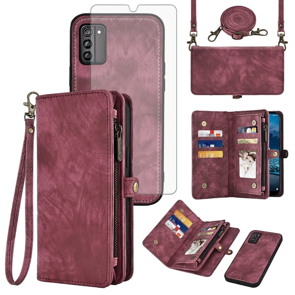 Asuwish Phone Case for Nokia G100 Zipper Wallet Detachable Purse Mobile Folio Cell Cover with Tempered Glass Screen Protector Crossbody Lanyard Strap Flip Card Holder Slot None Women Men Girls Red