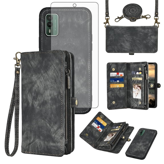 Asuwish Phone Case for Nokia XR21 5G Zipper Wallet Detachable Purse Mobile Cell Cover with Tempered Glass Screen Protector Crossbody Lanyard Strap Flip Card Holder Slot None Women Men Girls Black