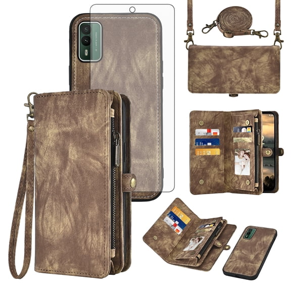Asuwish Phone Case for Nokia XR21 5G Zipper Wallet Detachable Purse Mobile Cell Cover with Tempered Glass Screen Protector Crossbody Lanyard Strap Flip Card Holder Slot None Women Men Girls Brown