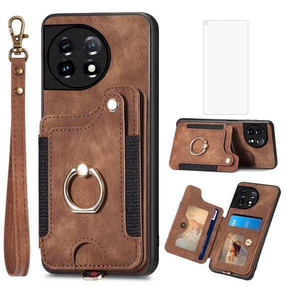 Asuwish Phone Case for OnePlus 11 5G Wallet Cell Cover with Tempered Glass Screen Protector Slim Lanyard Wrist Strap RFID Ring Stand Credit Card Holder Slot One Plus11 1 Plus 1plus11 One+ 1+ Brown