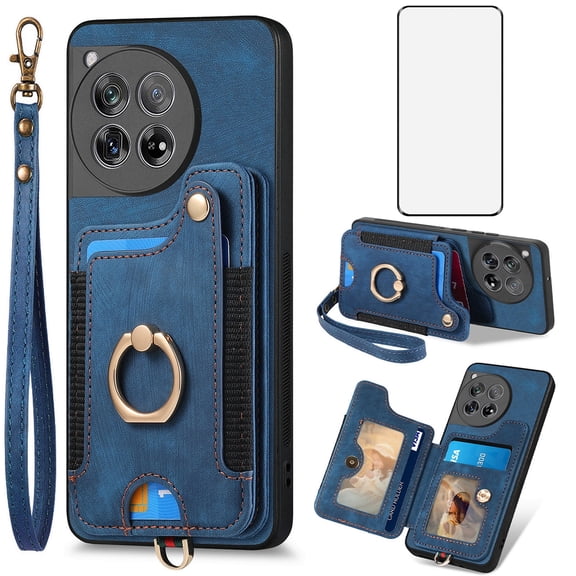Asuwish Phone Case for OnePlus 12 5G Wallet Cell Cover with Tempered Glass Screen Protector Slim Lanyard Wrist Strap RFID Ring Stand Credit Card Holder Slot One+ 1plus12 2024 Women Men Blue