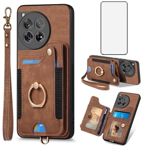 Asuwish Phone Case for OnePlus 12 5G Wallet Cell Cover with Tempered Glass Screen Protector Slim Lanyard Wrist Strap RFID Ring Stand Credit Card Holder Slot One+ 1plus12 2024 Women Men Brown