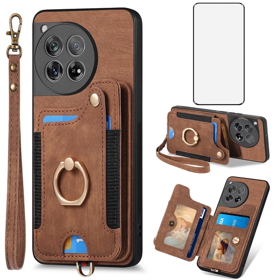 Asuwish Phone Case for OnePlus 12 5G Wallet Cell Cover with Tempered Glass Screen Protector Slim Lanyard Wrist Strap RFID Ring Stand Credit Card Holder Slot One+ 1plus12 2024 Women Men Brown