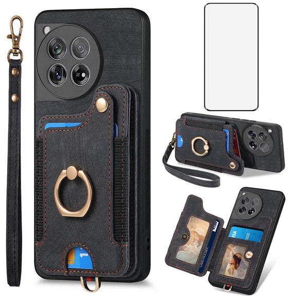 Asuwish Phone Case for OnePlus 12 5G Wallet Cell Cover with Tempered Glass Screen Protector Slim Lanyard Wrist Strap RFID Ring Stand Credit Card Holder Slot One+ 1plus12 2024 Women Men Black