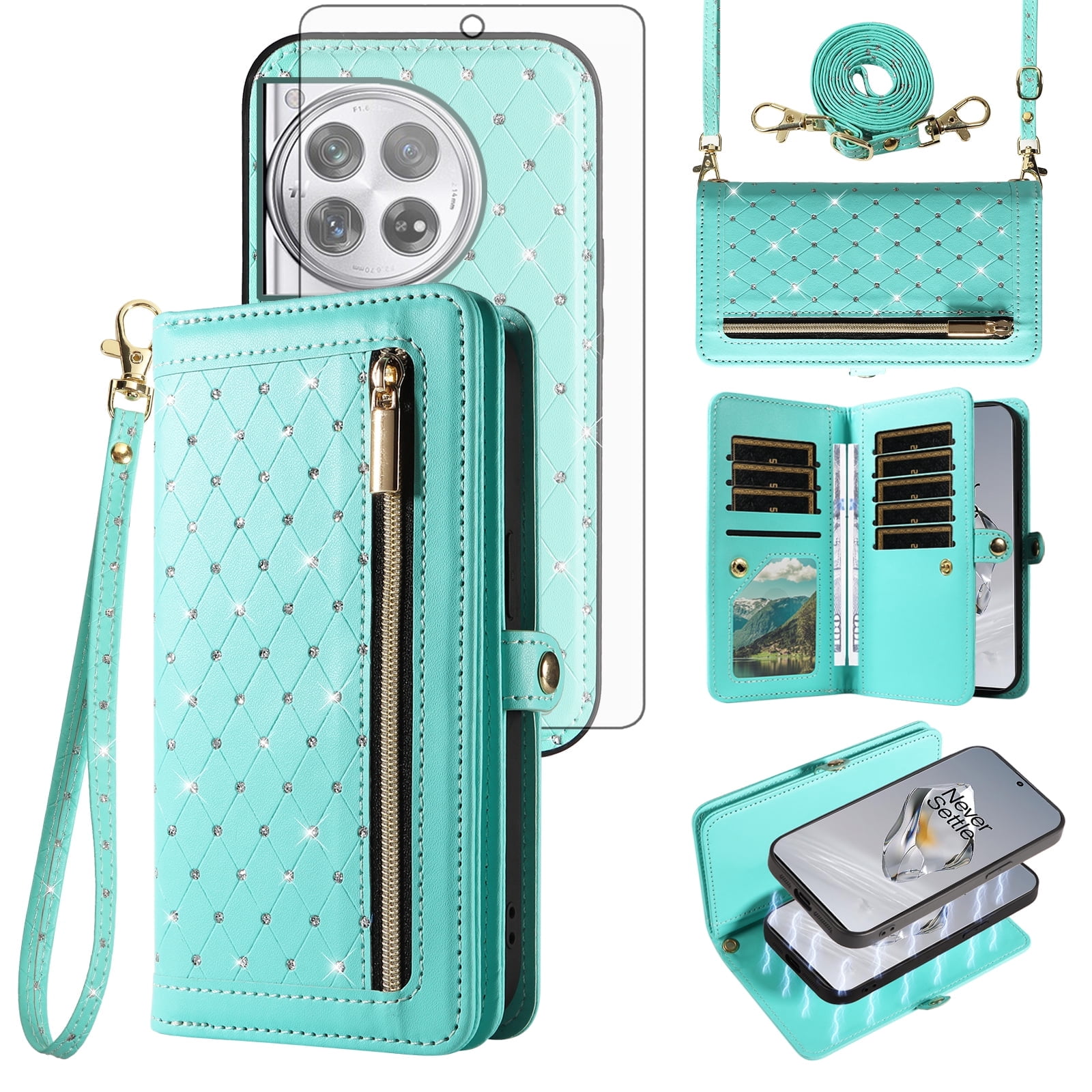 Asuwish Phone Case for OnePlus 12 5G Zipper Wallet Detachable Cell Cover with Tempered Glass Screen Protector Crossbody Lanyard Strap Bling Glitter Flip Card Holder Slot One+ 1plus12 2024 Women Green