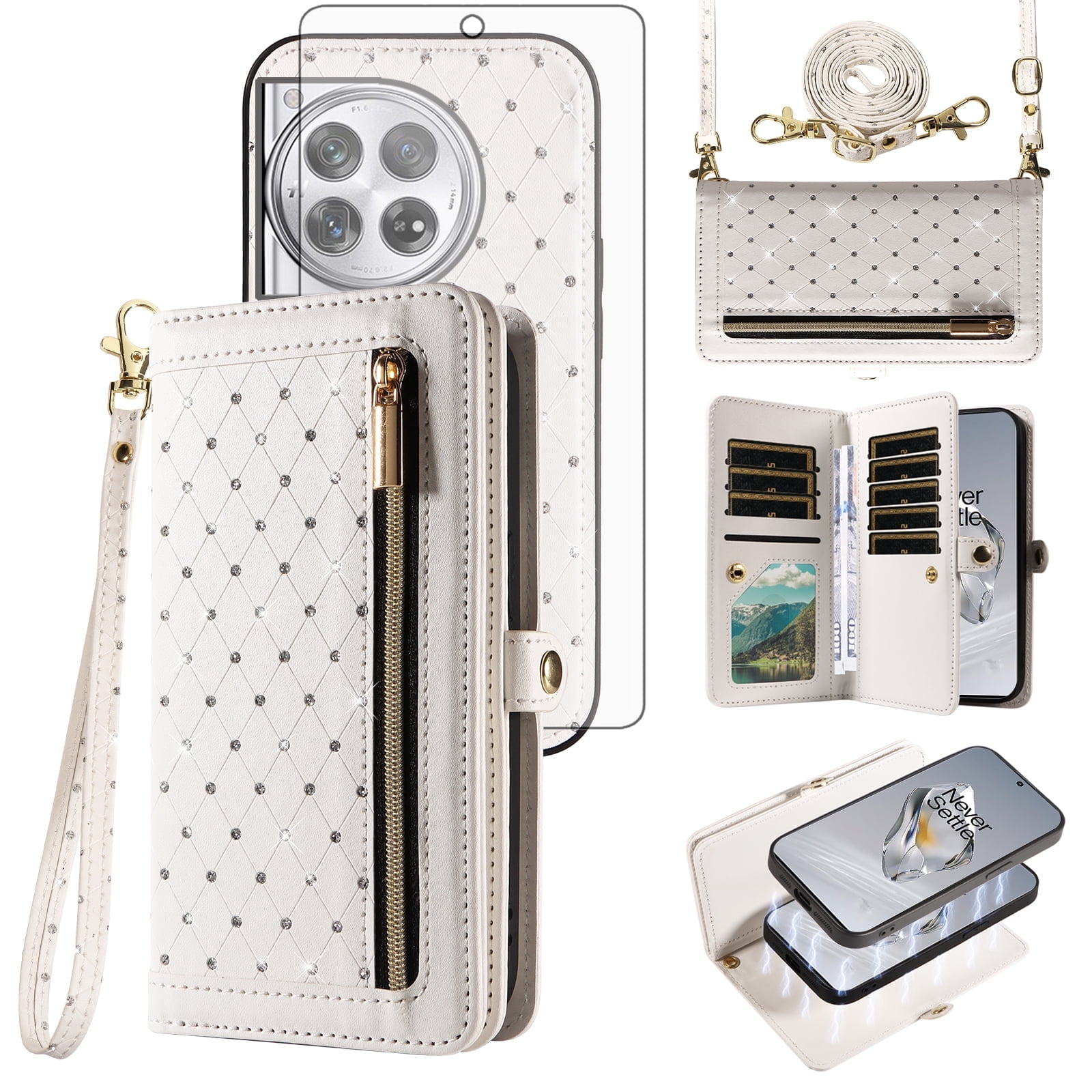 Asuwish Phone Case for OnePlus 12 5G Zipper Wallet Detachable Cell Cover with Tempered Glass Screen Protector Crossbody Lanyard Strap Bling Glitter Flip Card Holder Slot One+ 1plus12 2024 Women White
