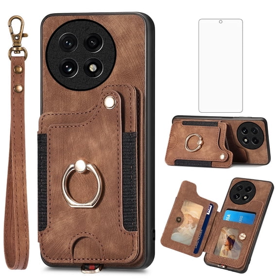 Asuwish Phone Case for OnePlus 13 5G Wallet Cell Cover with Tempered Glass Screen Protector Slim Lanyard Wrist Strap RFID Ring Stand Credit Card Holder Slot One+ 1plus13 2024 Women Men Brown
