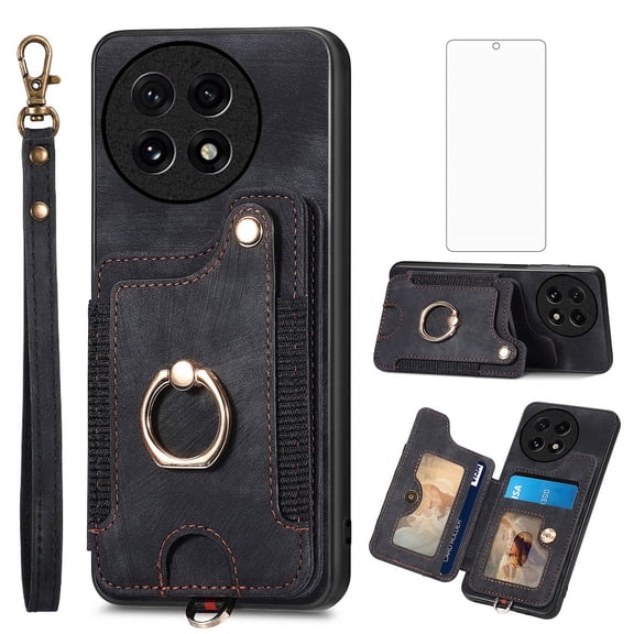 Asuwish Phone Case for OnePlus 13 5G Wallet Cell Cover with Tempered Glass Screen Protector Slim Lanyard Wrist Strap RFID Ring Stand Credit Card Holder Slot One  1plus13 2024 Women Men Black