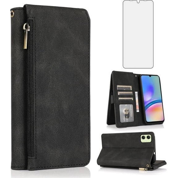 Asuwish Phone Case for Samsung Galaxy A05 Wallet Mobile Accessories Credit Cash Purse Folio Cell Cover with Tempered Glass Screen Protector Flip Zipper Stand Card Holder Slot Ao5 A 05 Women Men Black