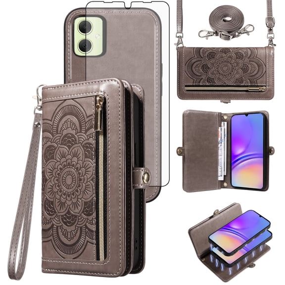 Asuwish Detachable Magnetic Zipper Wallet Phone Case with Flower Pattern and Screen Protector for Samsung Galaxy A05, Gray