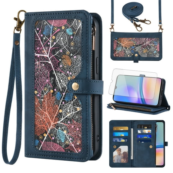 Asuwish Phone Case for Samsung Galaxy A05s/A05 Wallet Cover With Tempered Glass Screen Protector Crossbody Wrist Strap Flip Pattern Zipper Credit Card Holder Stand Cell Ao5s Ao5 A 05s 05 Women Blue