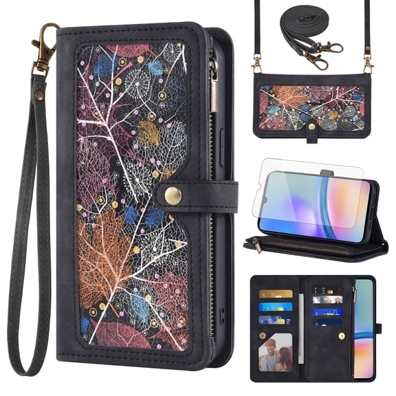 Asuwish Phone Case for Samsung Galaxy A05s/A05 Wallet Cover With Tempered Glass Screen Protector Crossbody Wrist Strap Flip Pattern Zipper Credit Card Holder Stand Cell Ao5s Ao5 A 05s 05 Women Black