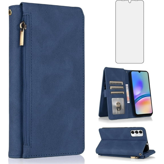 Asuwish Phone Case for Samsung Galaxy A05s/A05 Wallet Mobile Accessories Credit Cell Cover with Tempered Glass Screen Protector Flip Zipper Stand Card Holder Slot Ao5s Ao5 A 05s 05 Women Men Blue