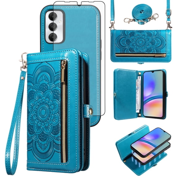 Asuwish Detachable Magnetic Zipper Wallet Phone Case with Flower Pattern and Screen Protector for Samsung Galaxy A05s, Blue