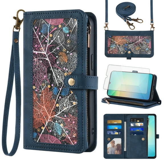 Asuwish Phone Case for Samsung Galaxy A06 5G Wallet Cover With Tempered Glass Screen Protector Crossbody Wrist Strap Flip Pattern Zipper Credit Card Holder Stand Cell Ao6 A 06 4G LTE Women Men Blue