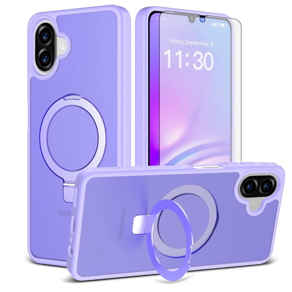 Asuwish Phone Case for Samsung Galaxy A06 A07 4G/5G Tempered Glass Screen Protector Magnetic Folding Stand Frosted Translucent Rugged Shockproof Protective Cell Cover Ao6 A 06 07 Ao7 Women Men Purple