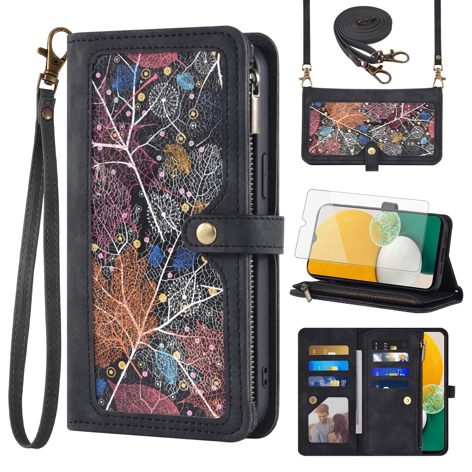 Asuwish Phone Case for Samsung Galaxy A13 4G/5G Wallet Cover With Tempered Glass Screen Protector Crossbody Wrist Strap Flip Pattern Zipper Credit Card Holder Cell A04s M13 G5 A 13 LTE 13A 2022 Black