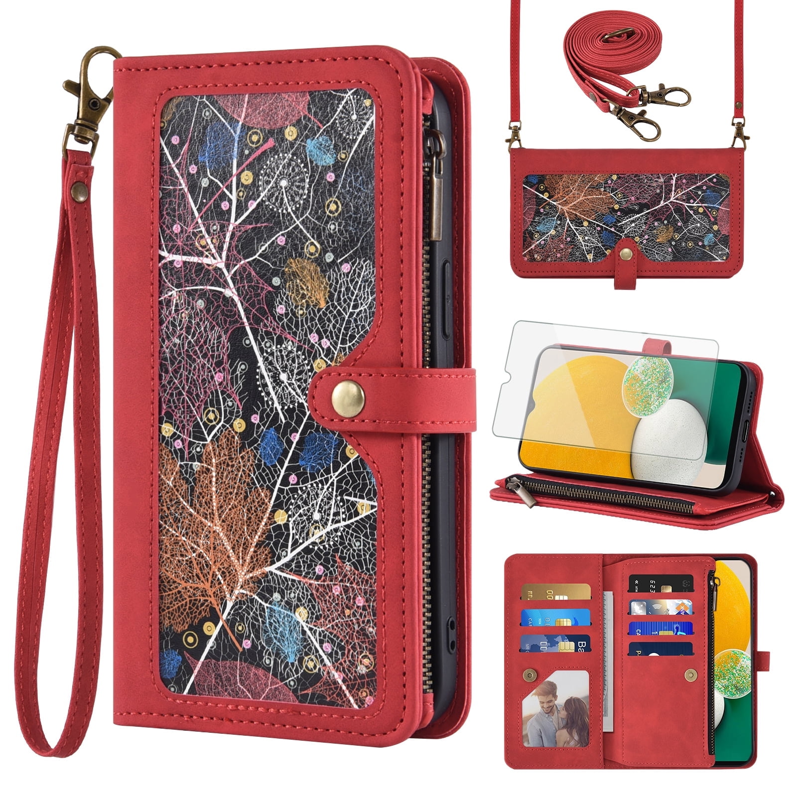 Asuwish Phone Case for Samsung Galaxy A13 4G/5G Wallet Cover With Tempered Glass Screen Protector Crossbody Wrist Strap Flip Pattern Zipper Credit Card Holder Cell A04s M13 G5 A 13 LTE 13A 2022 Red