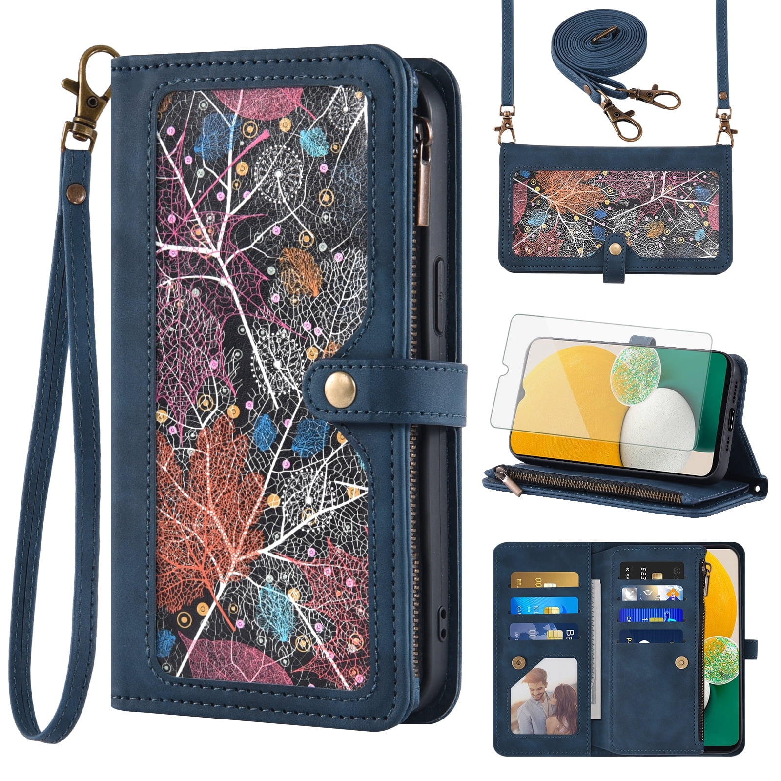Asuwish Phone Case for Samsung Galaxy A13 4G/5G Wallet Cover With Tempered Glass Screen Protector Crossbody Wrist Strap Flip Pattern Zipper Credit Card Holder Cell A04s M13 G5 A 13 LTE 13A 2022 Blue