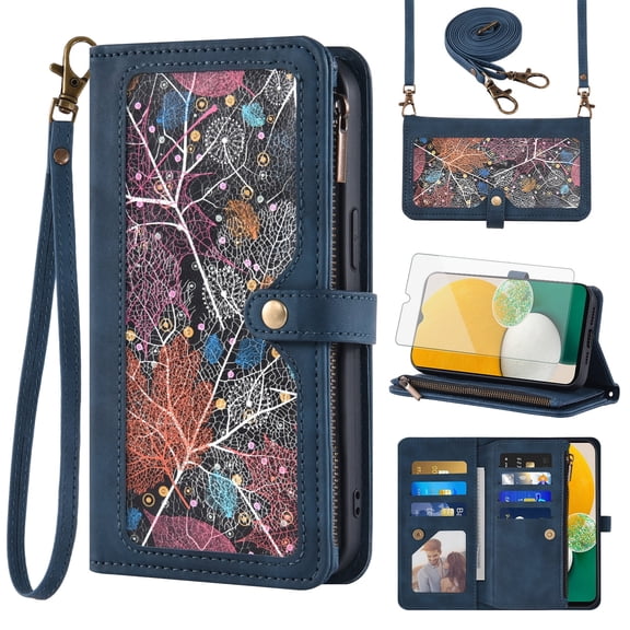 Asuwish Phone Case for Samsung Galaxy A13 4G/5G Wallet Cover With Tempered Glass Screen Protector Crossbody Wrist Strap Flip Pattern Zipper Credit Card Holder Cell A04s M13 G5 A 13 LTE 13A 2022 Blue