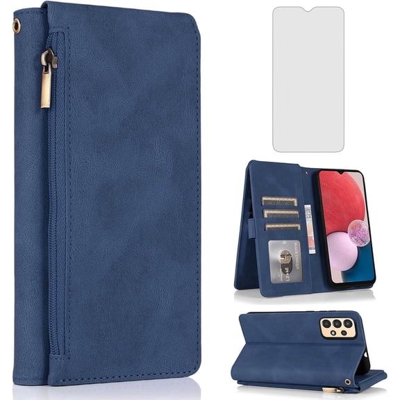 Asuwish Wallet Kickstand Hard Shell Cell Phone Case with Tempered Glass Screen Protector for Samsung Galaxy A13 / A04s / M13 5G, Blue