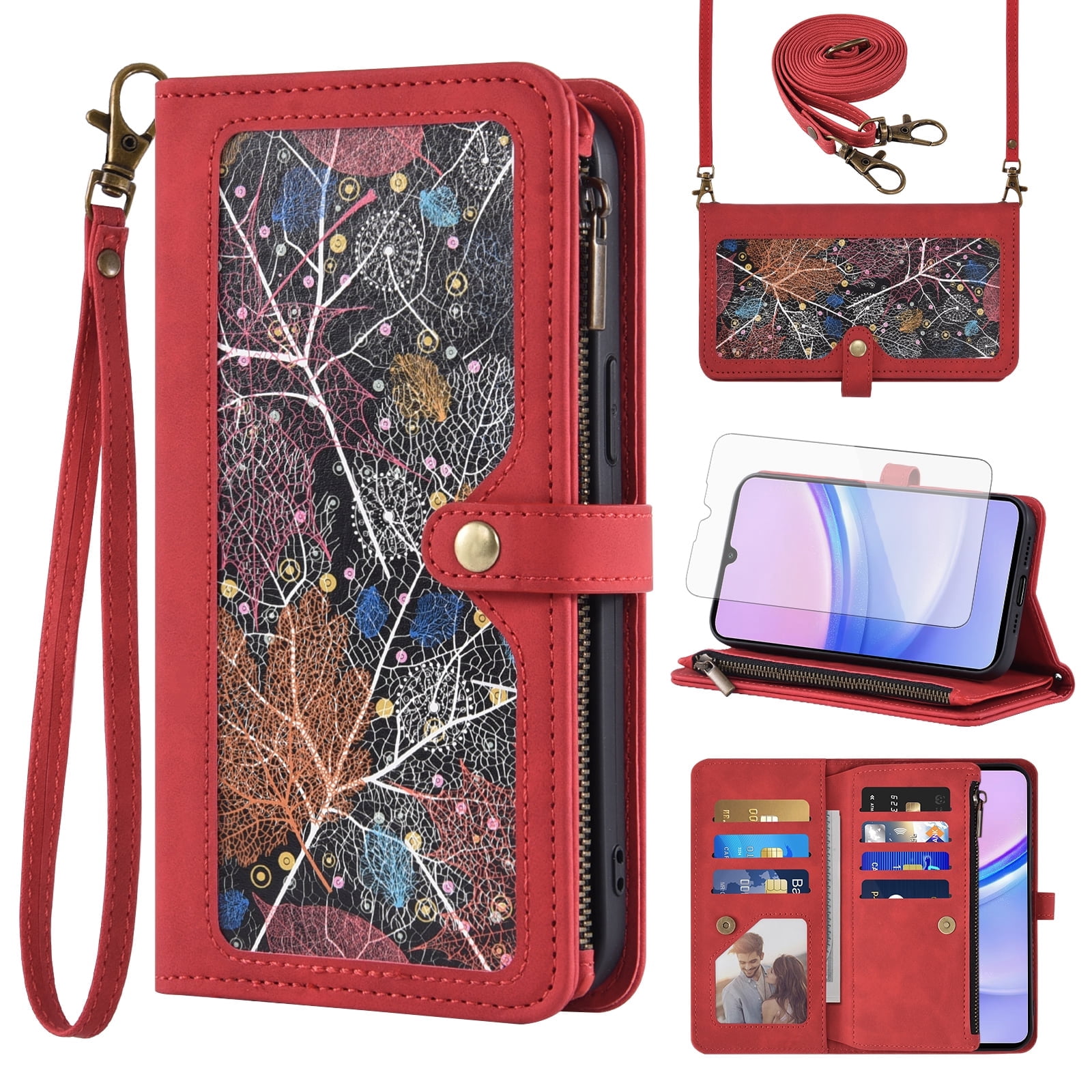 Asuwish Phone Case for Samsung Galaxy A15 5G/4G Wallet Cover With Tempered Glass Screen Protector Crossbody Wrist Strap Flip Pattern Zipper Credit Card Holder Stand Cell A 15 G5 15A Women Men Red