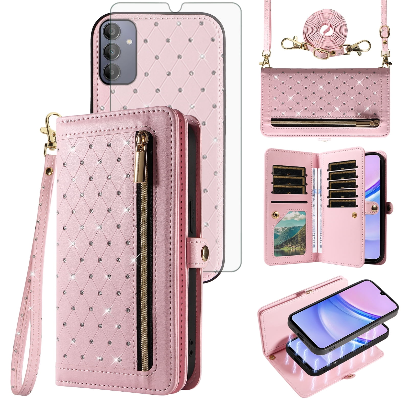 Asuwish Phone Case for Samsung Galaxy A15 5G/4G Zipper Wallet Detachable Cell Cover with Tempered Glass Screen Protector Crossbody Lanyard Strap Bling Glitter Flip Card Holder Slot A 15 G5 15A Pink